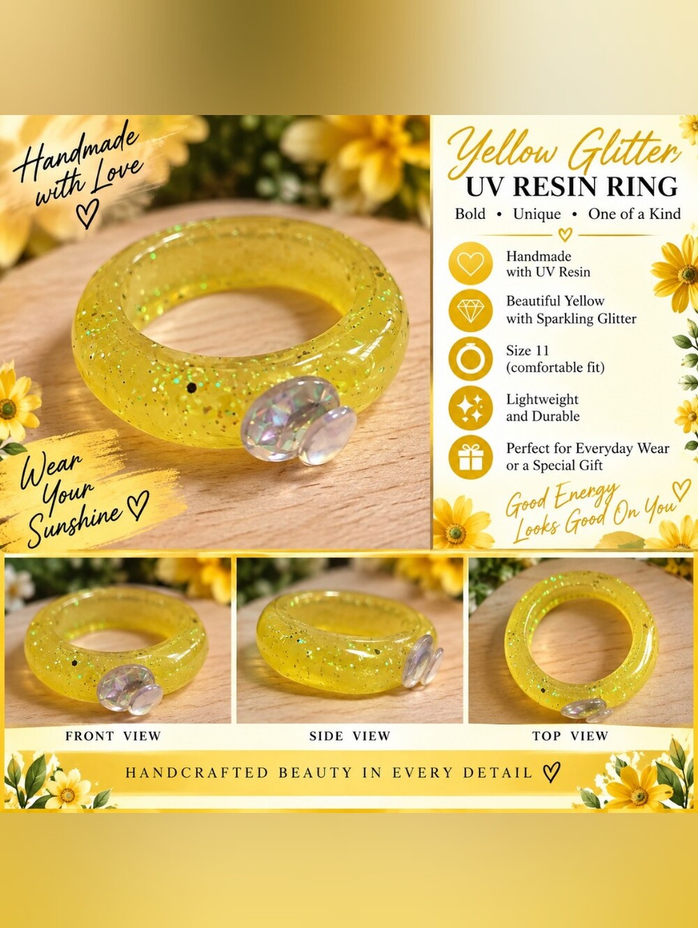 Yellow Glitter UV Resin Ring with Iridescent Accent - Handmade